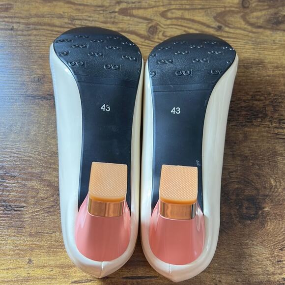 Ephemeral Retro Pin Up Baby Pink & Tan Patent Round Bow Toe Heels - Picture 11 of 12